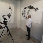 DOP Adrian "Uchujin" Storey filming calligrapher Nakajima Hiroyuki at his exhibition in Milan October 2023